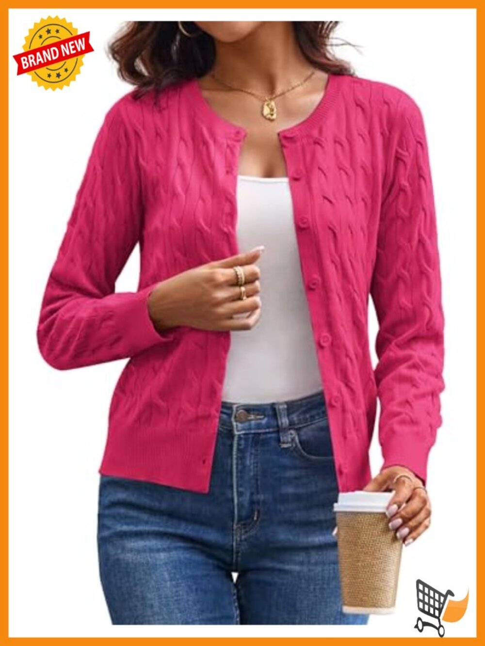 Cable Knit Button Up Cardigan Sweater Cropped Crew Neck